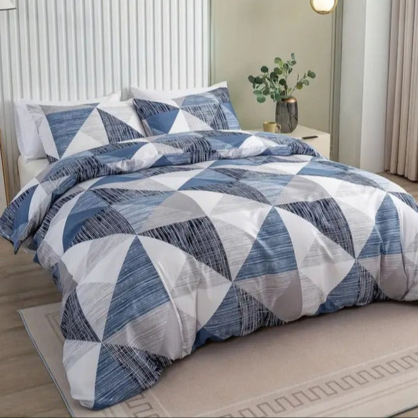 COMBO ACOLCHADO + JUEGO DE SABANAS GEOMETRICO AZUL